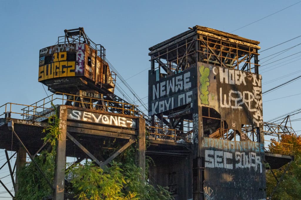 An abandoned crane between the CSX railroad tracks and the Schuylkill River in South Philadelphia.