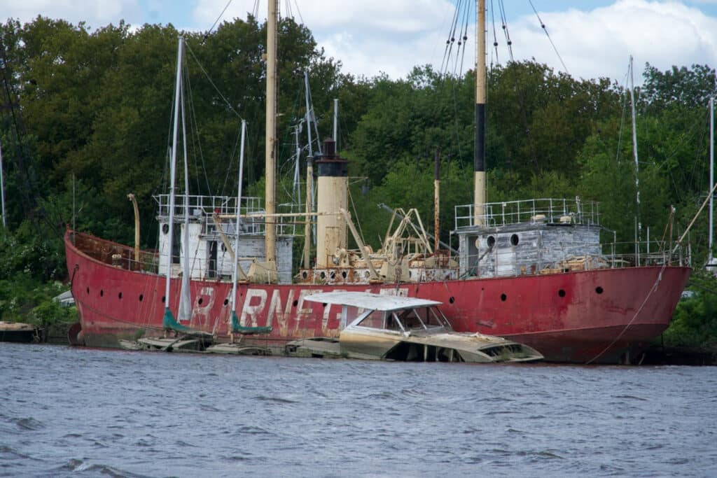 The 1904 lightship Barnegat has come to rest in the back channel of Petty Island.