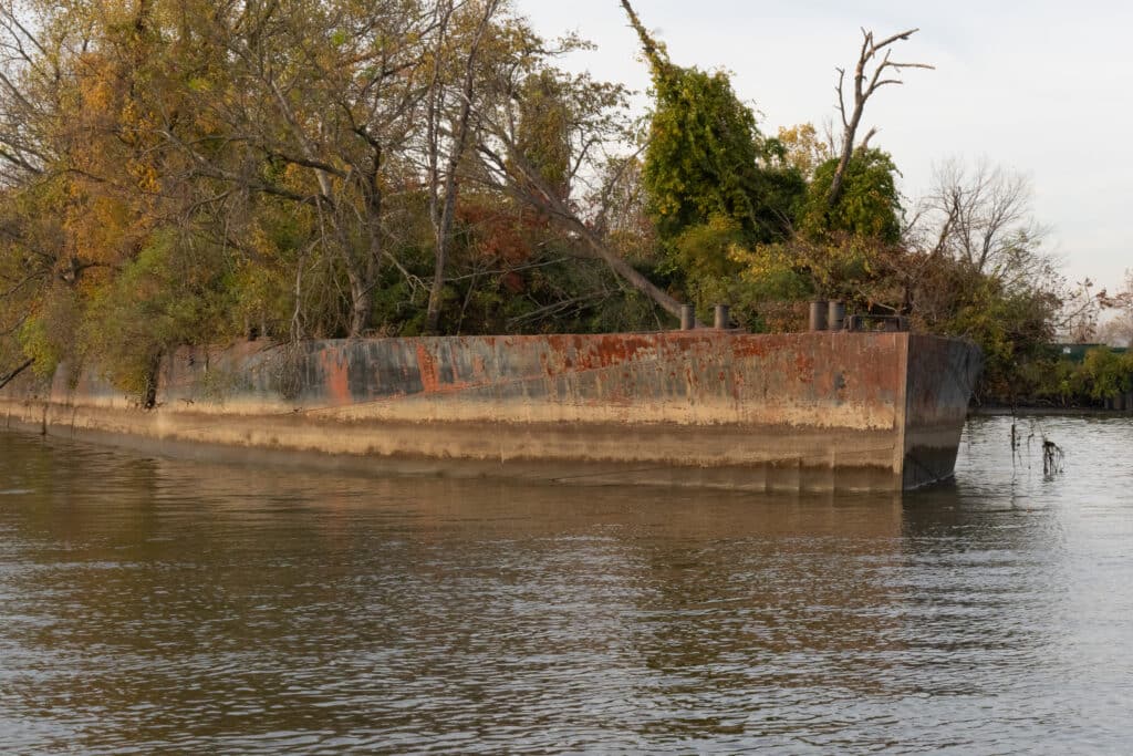 The ship that became a pier and then a planter at Northern Metals in Northeast Philadelphia.